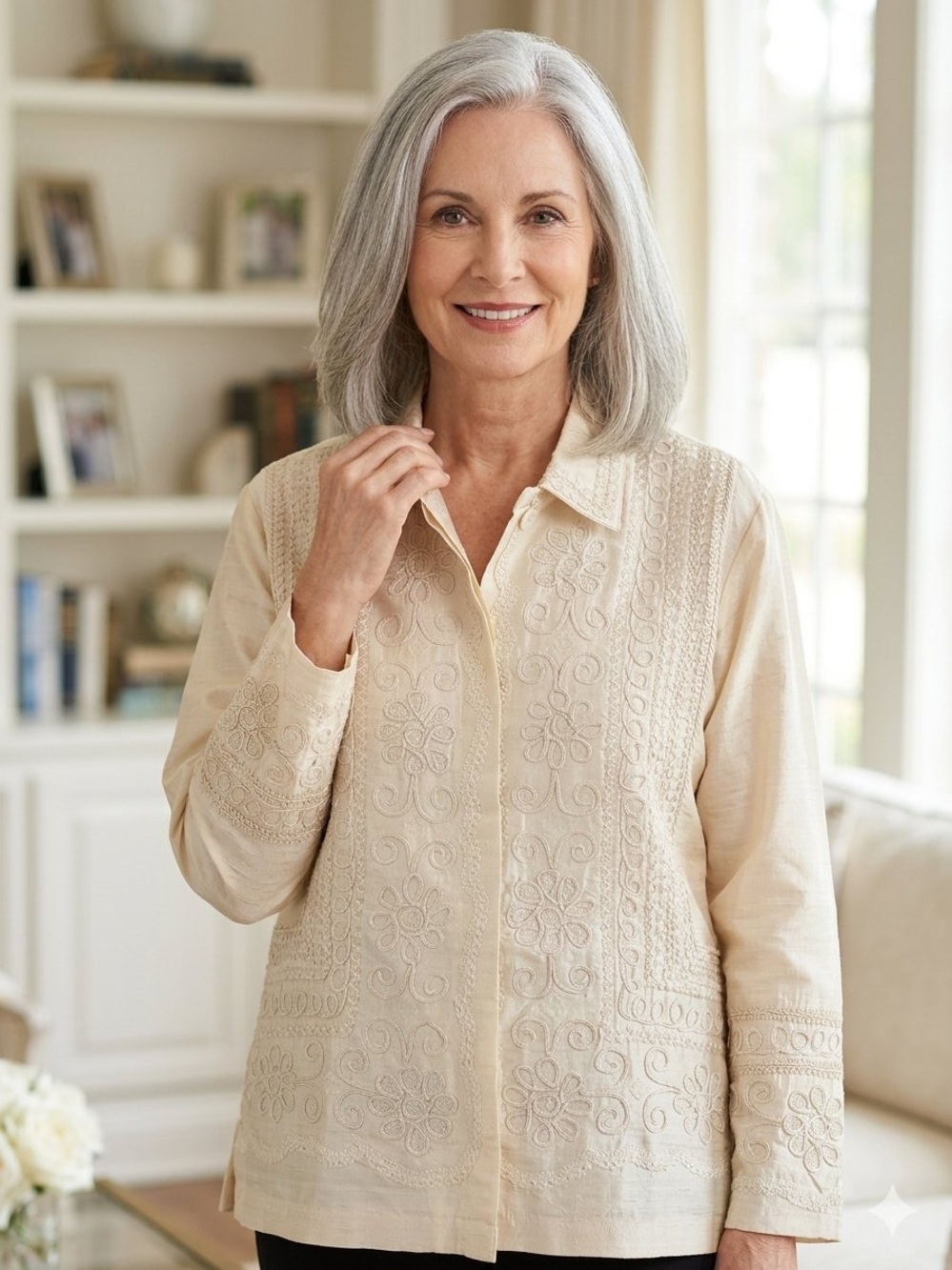 100% Silk Classic Embroidered Button-Front Cream Blouse (L)